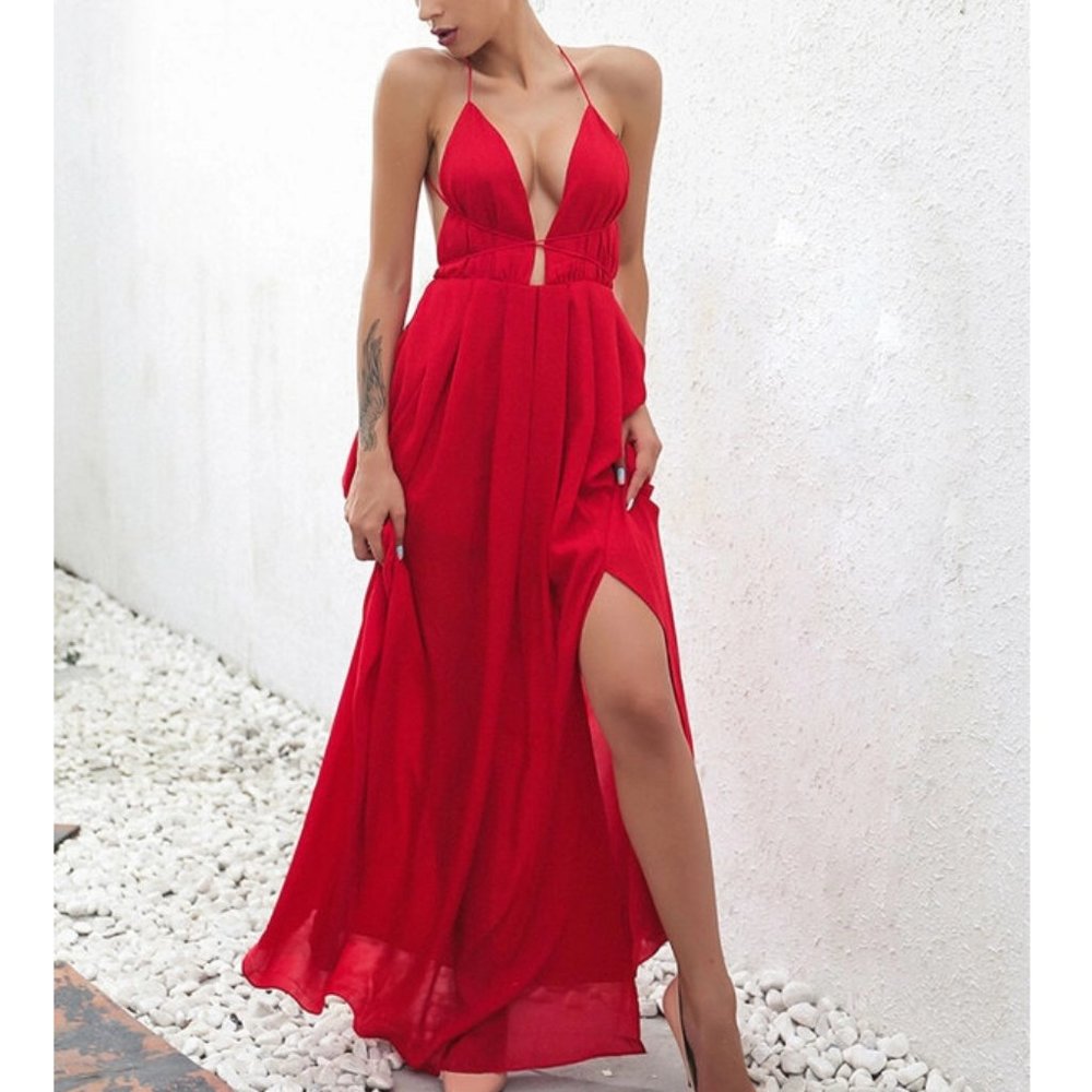Joyfunear Open Back Plunge Split Prom Dress